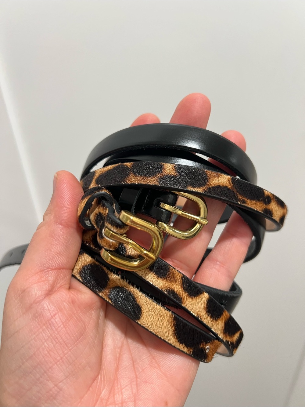 J.Crew Skinny calf hair belt in leopard Leather Belt Set in Black & Brown Like